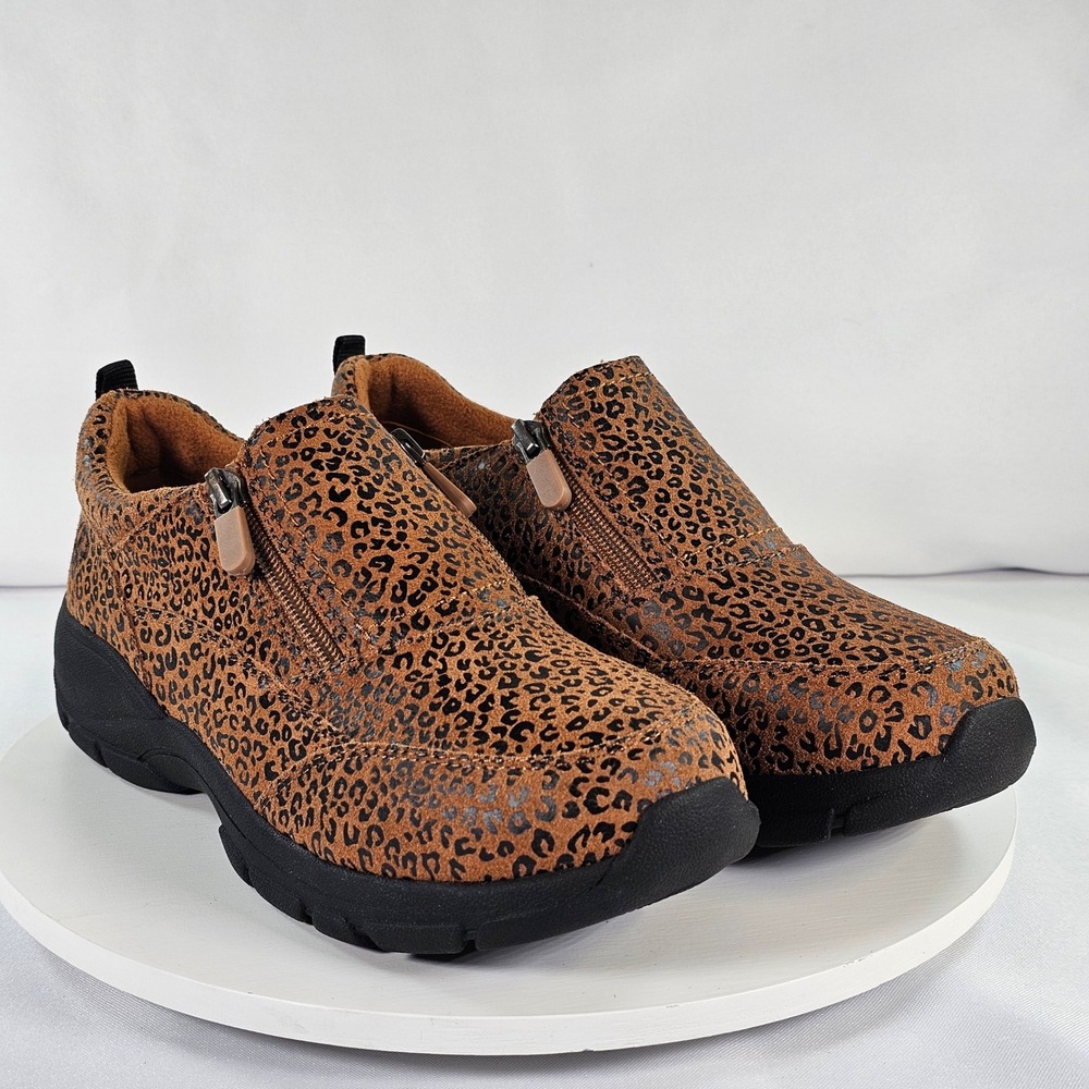 Lands End Womens Leopard Suede All Weather Mocs Shoes Brown 8.5 D 532385‎